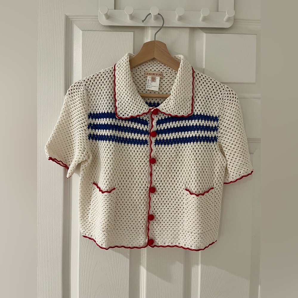 Cream Crochet Short-Sleeve Cardigan with Blue Stripes and Red Trim